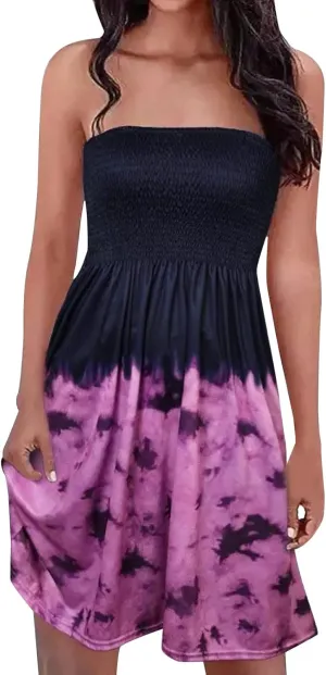 Womens Off Shoulder Fashion Printed Sexy Dresses Sleeveless Padded A-Line Boho Dress Strapless Casual Dress