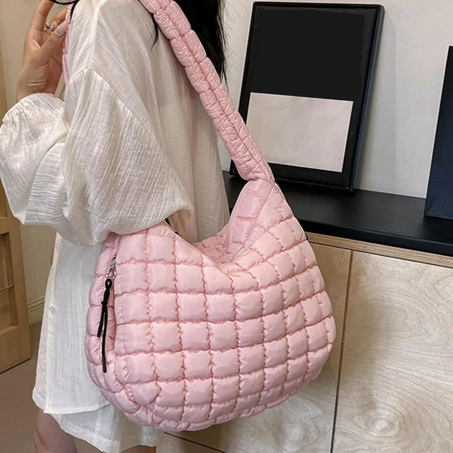 Womens Purses And Handbags Large Quilted Carryall Puffer Shoulder Bag Lightweight Quilted Padding Hobo Bag