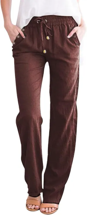 Womens Spring Pants Linen Outfits 2025 Vacation Solid Button Decorations Pants with Pockets Slim Drawstring Yoga Sweatpants