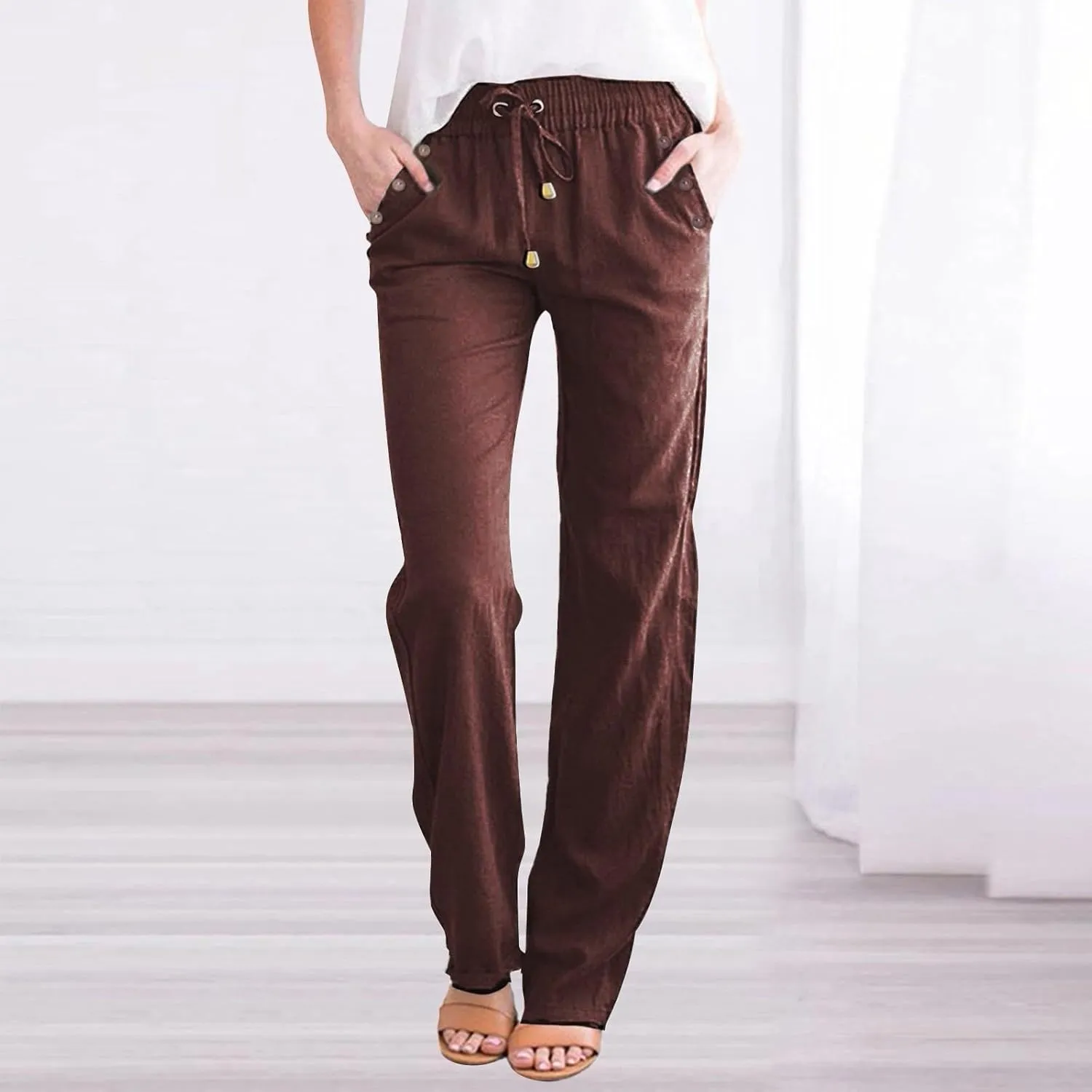 Womens Spring Pants Linen Outfits 2025 Vacation Solid Button Decorations Pants with Pockets Slim Drawstring Yoga Sweatpants