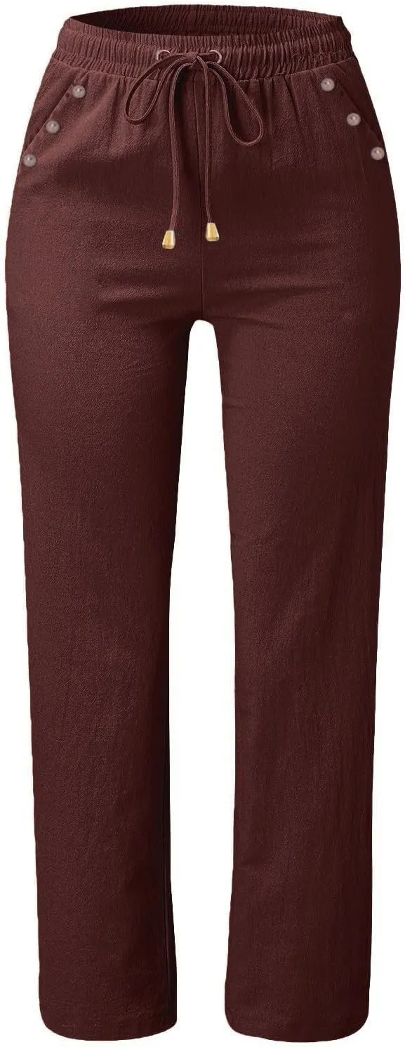 Womens Spring Pants Linen Outfits 2025 Vacation Solid Button Decorations Pants with Pockets Slim Drawstring Yoga Sweatpants