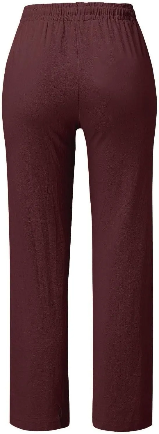 Womens Spring Pants Linen Outfits 2025 Vacation Solid Button Decorations Pants with Pockets Slim Drawstring Yoga Sweatpants