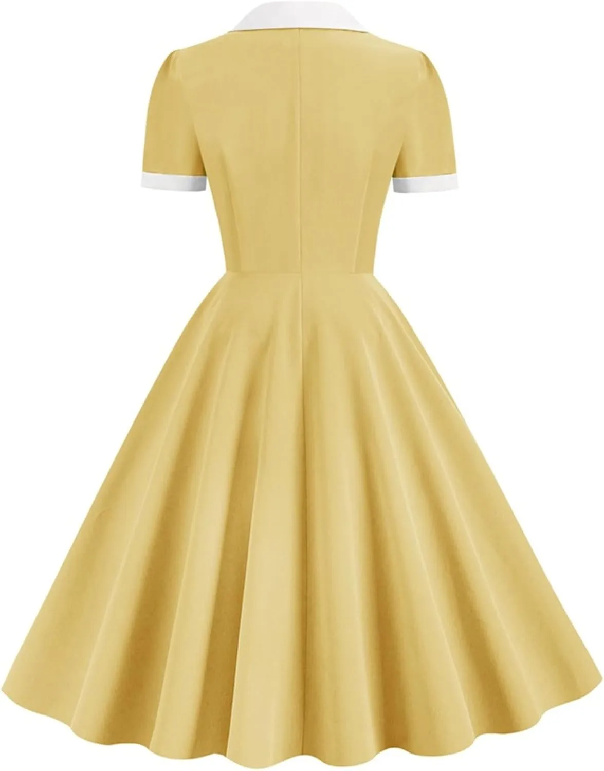 Womens Spring Summer Dresses Button V-Neck A-Line Dress Solid Color Fashion Patchwork Swing Pleated Formal Party Dress