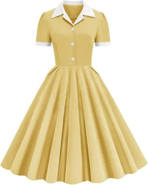Womens Spring Summer Dresses Button V-Neck A-Line Dress Solid Color Fashion Patchwork Swing Pleated Formal Party Dress