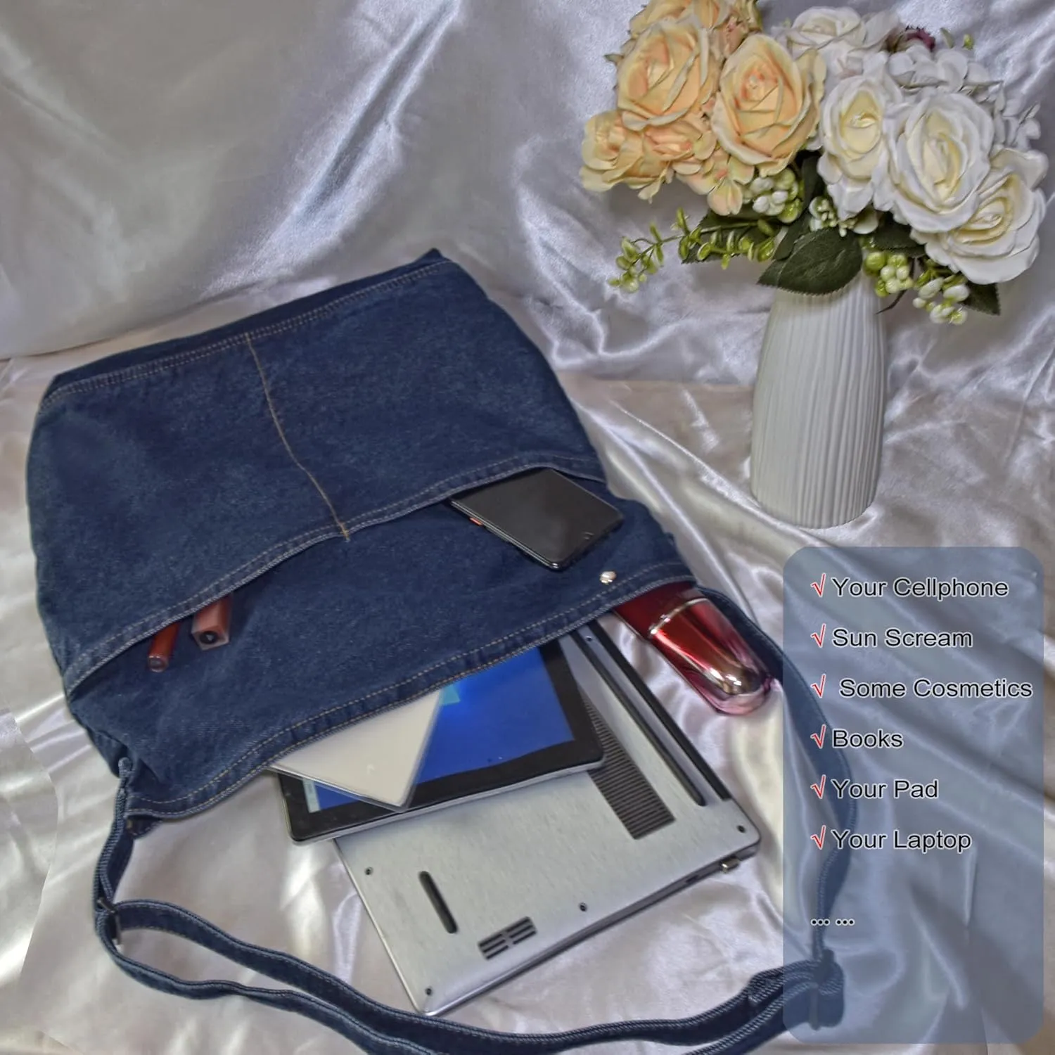 Women's Stylish Large Denim Crossbody Messenger Bag for Woman Spacious Jean Shoulder Purse Tote Hobo Bag
