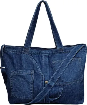 Women's Stylish Large Denim Crossbody Messenger Bag for Woman Spacious Jean Shoulder Purse Tote Hobo Bag