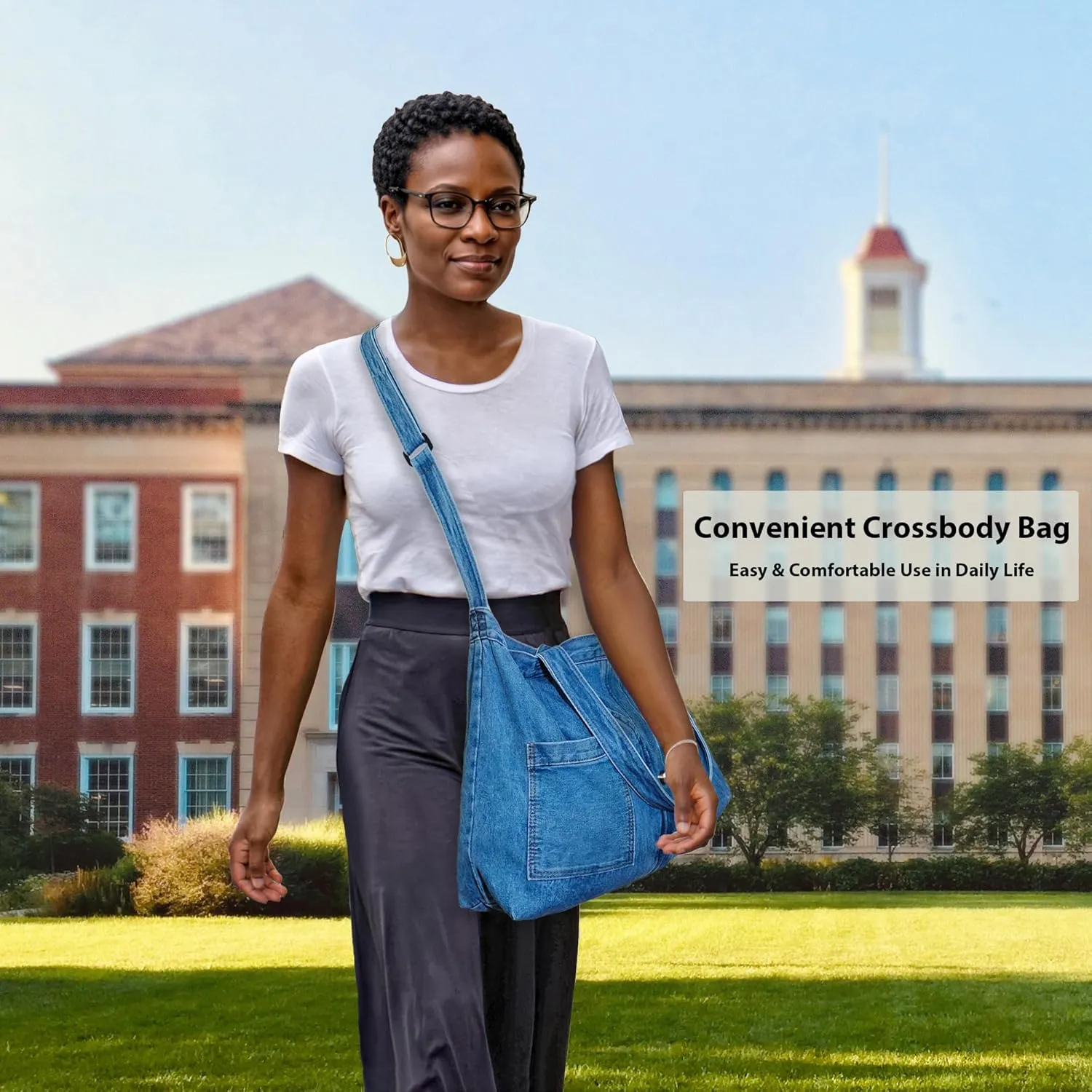 Women's Stylish Large Denim Crossbody Messenger Bag for Woman Spacious Jean Shoulder Purse Tote Hobo Bag