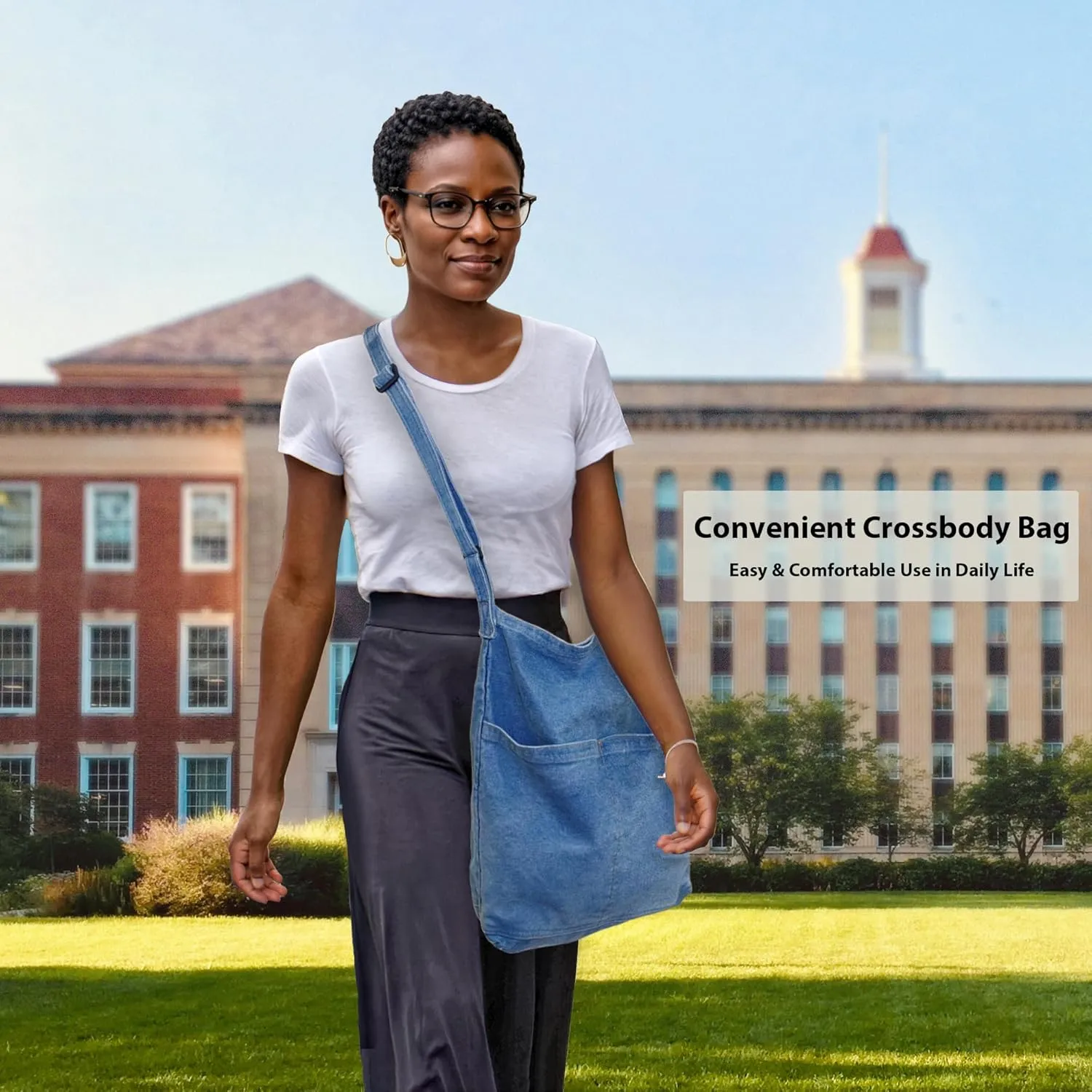Women's Stylish Large Denim Crossbody Messenger Bag for Woman Spacious Jean Shoulder Purse Tote Hobo Bag