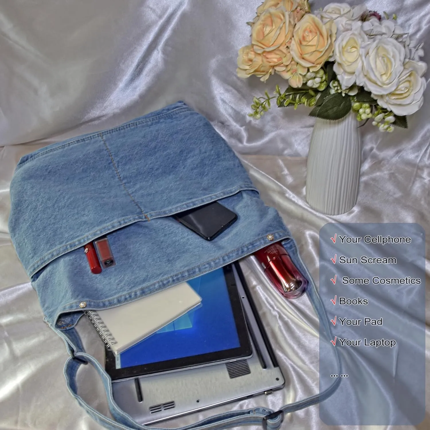 Women's Stylish Large Denim Crossbody Messenger Bag for Woman Spacious Jean Shoulder Purse Tote Hobo Bag