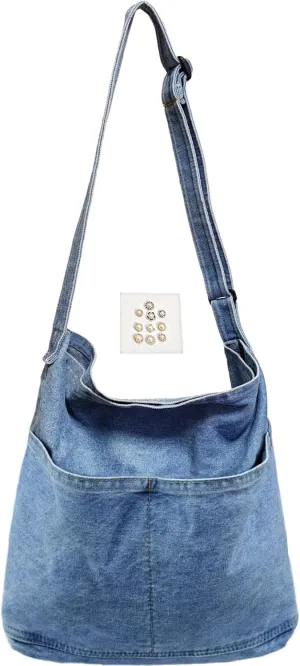 Women's Stylish Large Denim Crossbody Messenger Bag for Woman Spacious Jean Shoulder Purse Tote Hobo Bag