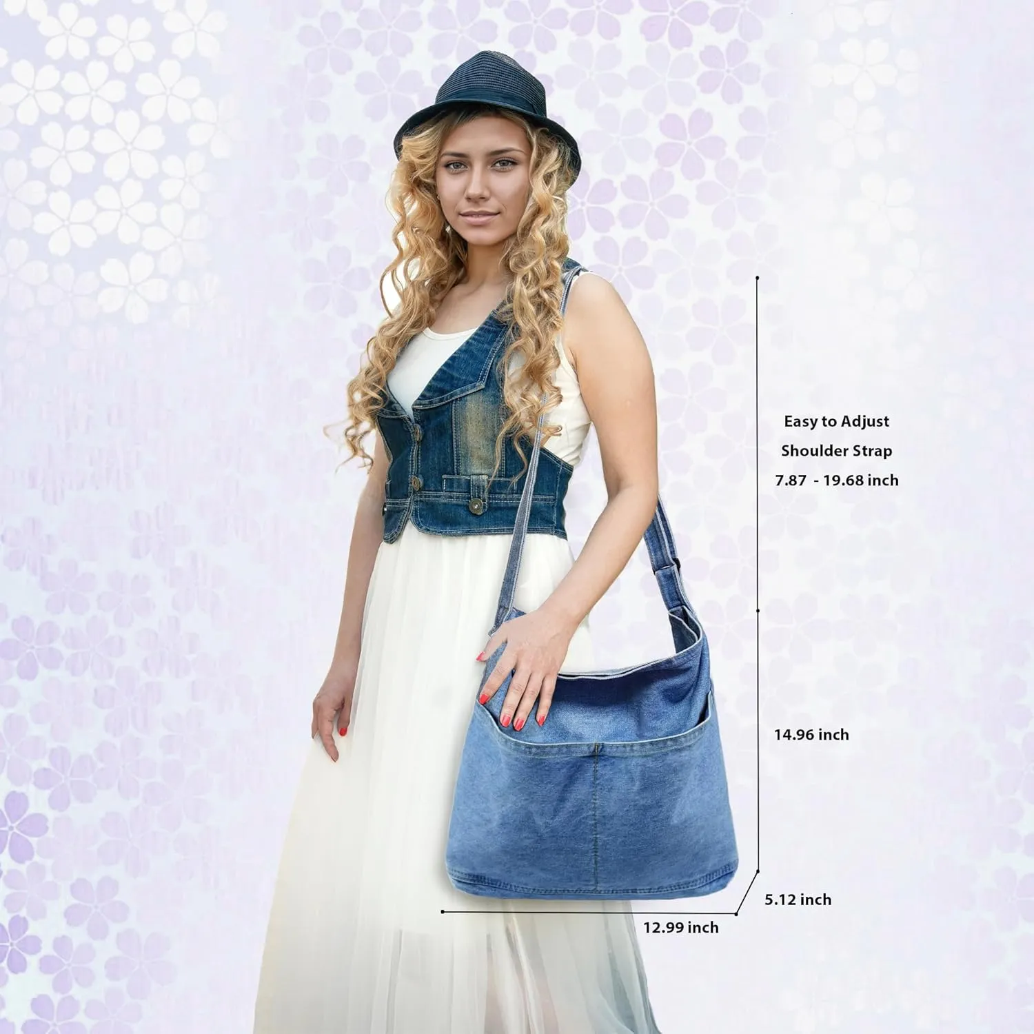 Women's Stylish Large Denim Crossbody Messenger Bag for Woman Spacious Jean Shoulder Purse Tote Hobo Bag