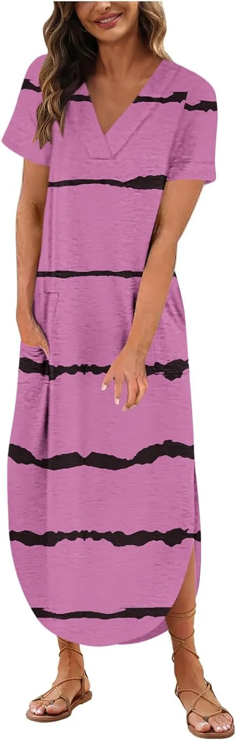 Women's Summer Casual Loose Dress Short Sleeve V-Neck Dress Split Maxi Beach Sundress Travel Vacation Outfits