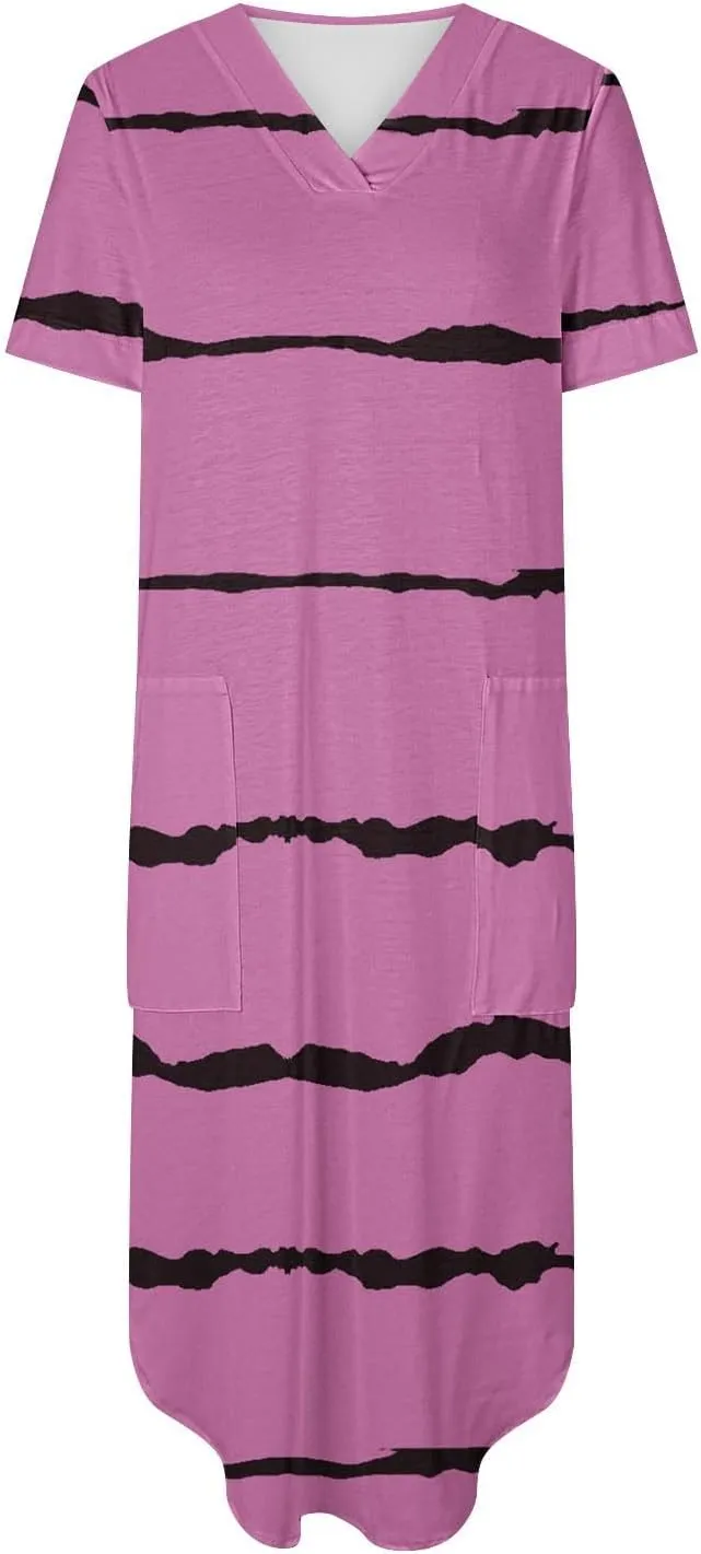 Women's Summer Casual Loose Dress Short Sleeve V-Neck Dress Split Maxi Beach Sundress Travel Vacation Outfits