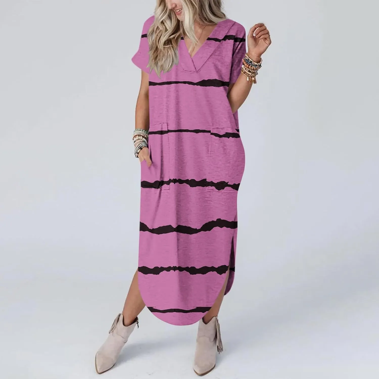 Women's Summer Casual Loose Dress Short Sleeve V-Neck Dress Split Maxi Beach Sundress Travel Vacation Outfits