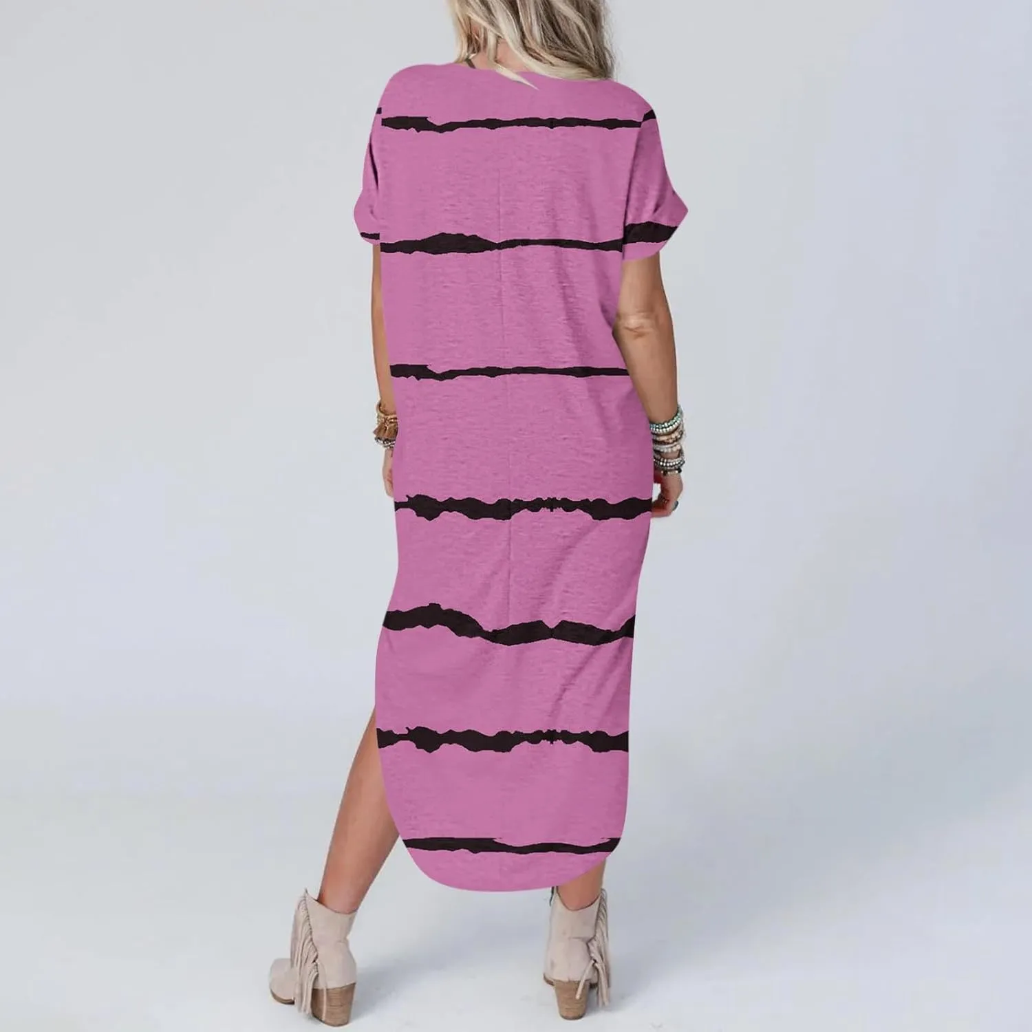 Women's Summer Casual Loose Dress Short Sleeve V-Neck Dress Split Maxi Beach Sundress Travel Vacation Outfits