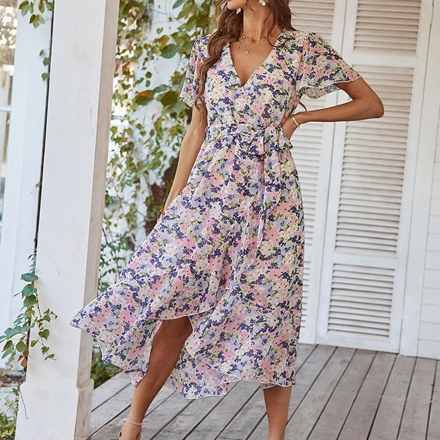 Women's Summer Floral Maxi Dresses Swing Beach Vacation Short Sleeve Deep V-Neck Fashion Casual Long Dresses