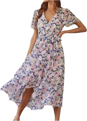 Women's Summer Floral Maxi Dresses Swing Beach Vacation Short Sleeve Deep V-Neck Fashion Casual Long Dresses