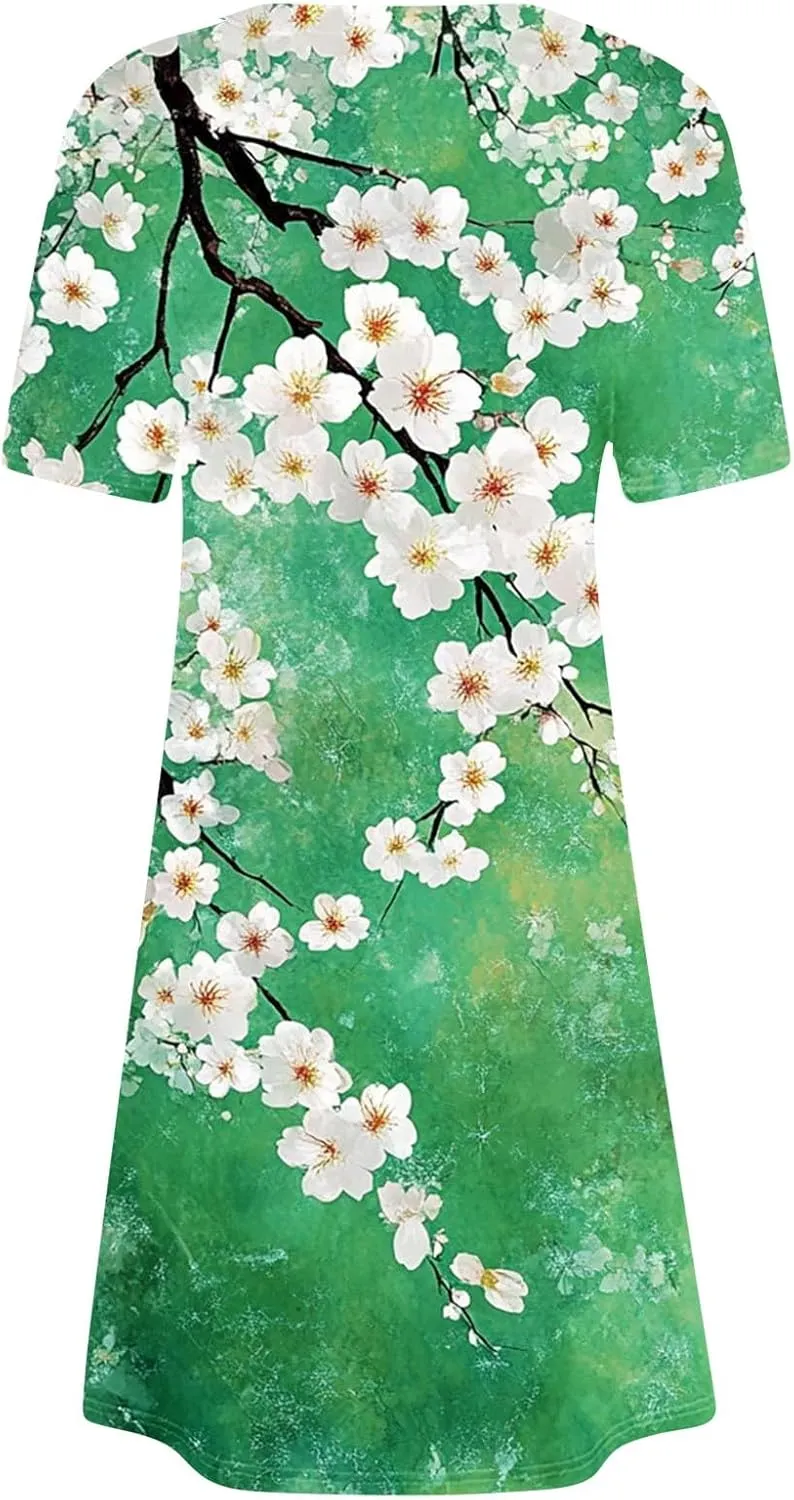 Womens Summer Floral Printed T-Shirt Dresses Casual Pleated Short Sleeve A-Line Beach Dress Flowy Vacation Dresses
