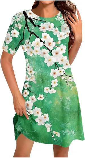 Womens Summer Floral Printed T-Shirt Dresses Casual Pleated Short Sleeve A-Line Beach Dress Flowy Vacation Dresses