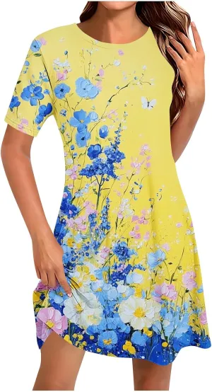 Womens Summer Floral Printed T-Shirt Dresses Casual Pleated Short Sleeve A-Line Beach Dress Flowy Vacation Dresses