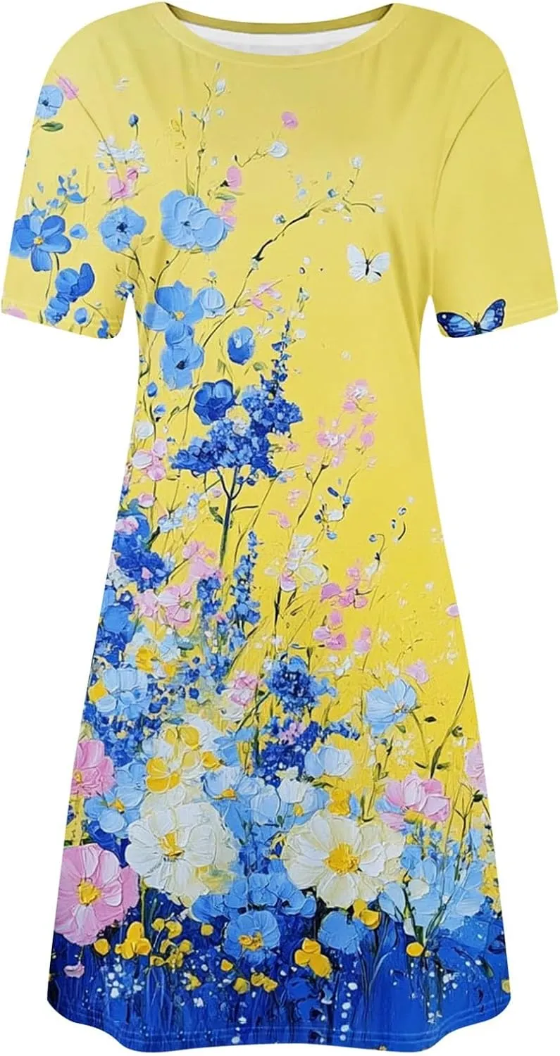 Womens Summer Floral Printed T-Shirt Dresses Casual Pleated Short Sleeve A-Line Beach Dress Flowy Vacation Dresses