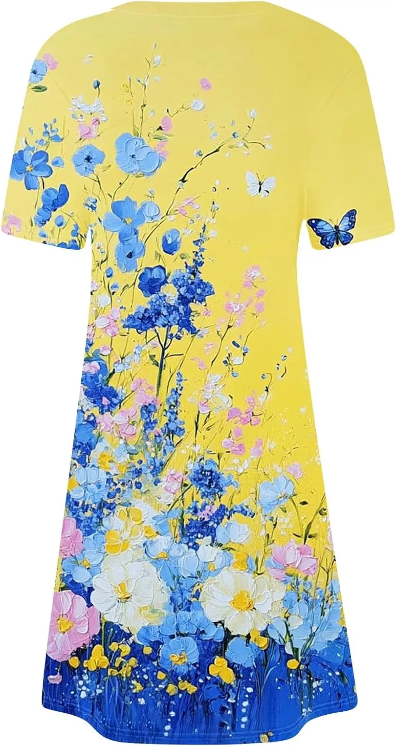 Womens Summer Floral Printed T-Shirt Dresses Casual Pleated Short Sleeve A-Line Beach Dress Flowy Vacation Dresses