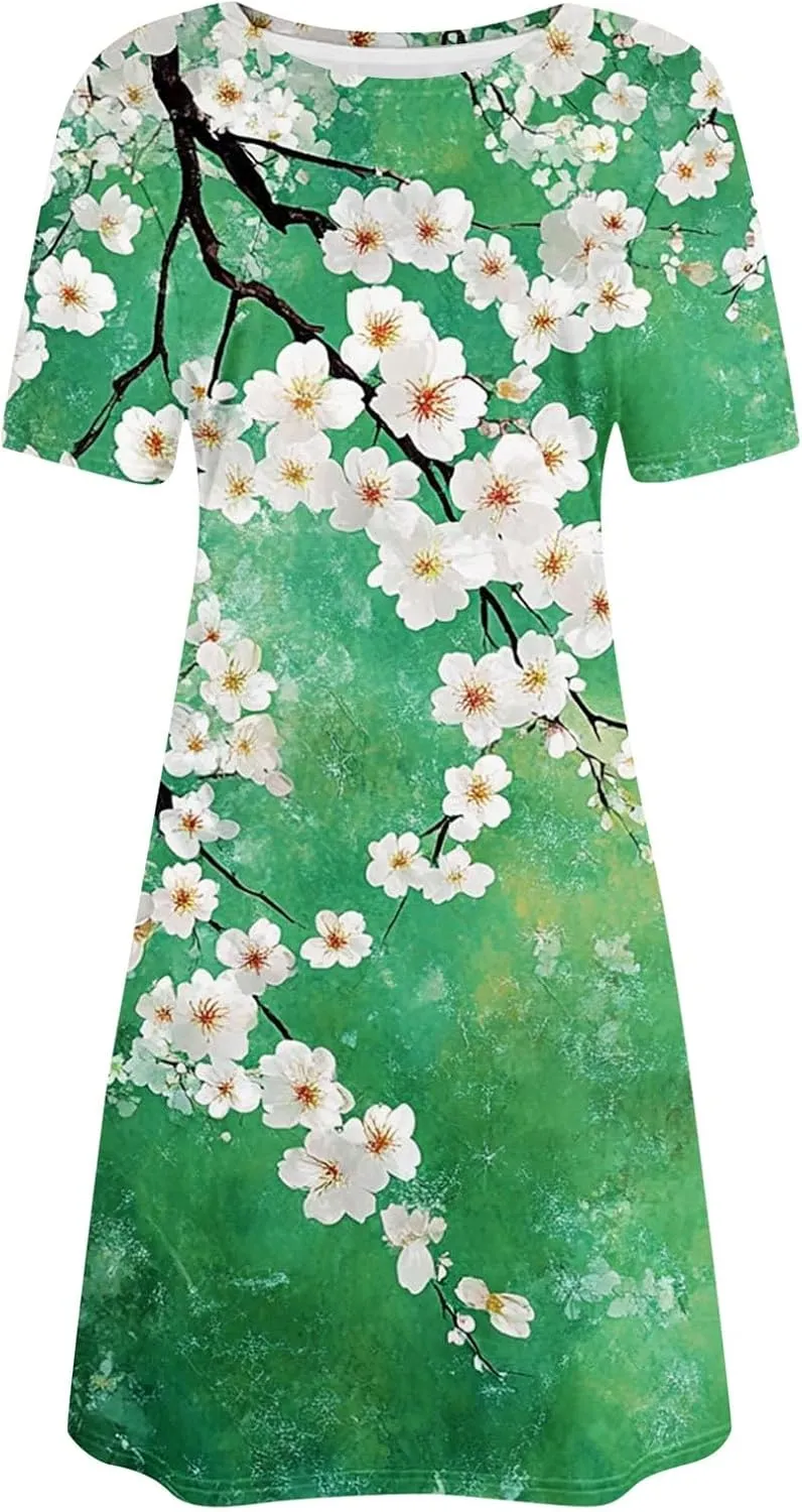Womens Summer Floral Printed T-Shirt Dresses Casual Pleated Short Sleeve A-Line Beach Dress Flowy Vacation Dresses