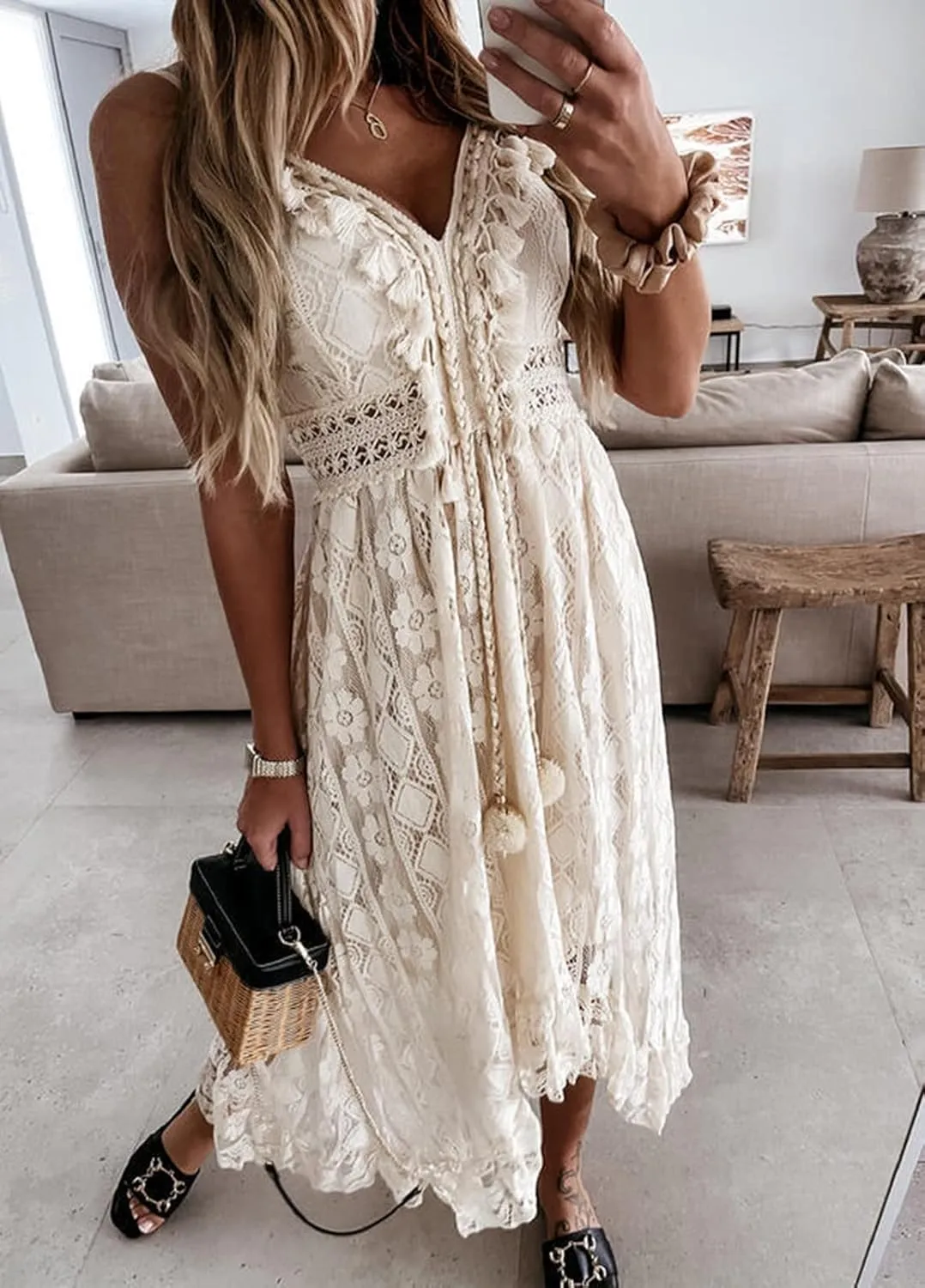 Women's Summer Lace Floral Dress V Neck Spaghetti Strap Sleeveless Bohemian Beach Casual Maxi Long Dress Sundress