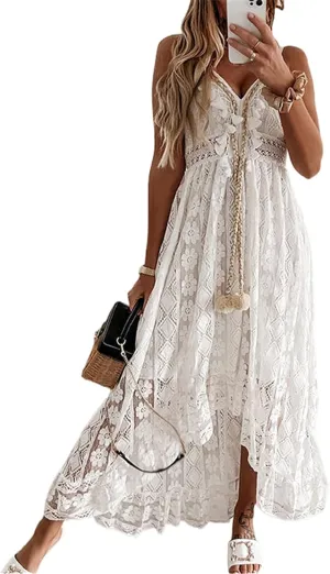 Women's Summer Lace Floral Dress V Neck Spaghetti Strap Sleeveless Bohemian Beach Casual Maxi Long Dress Sundress