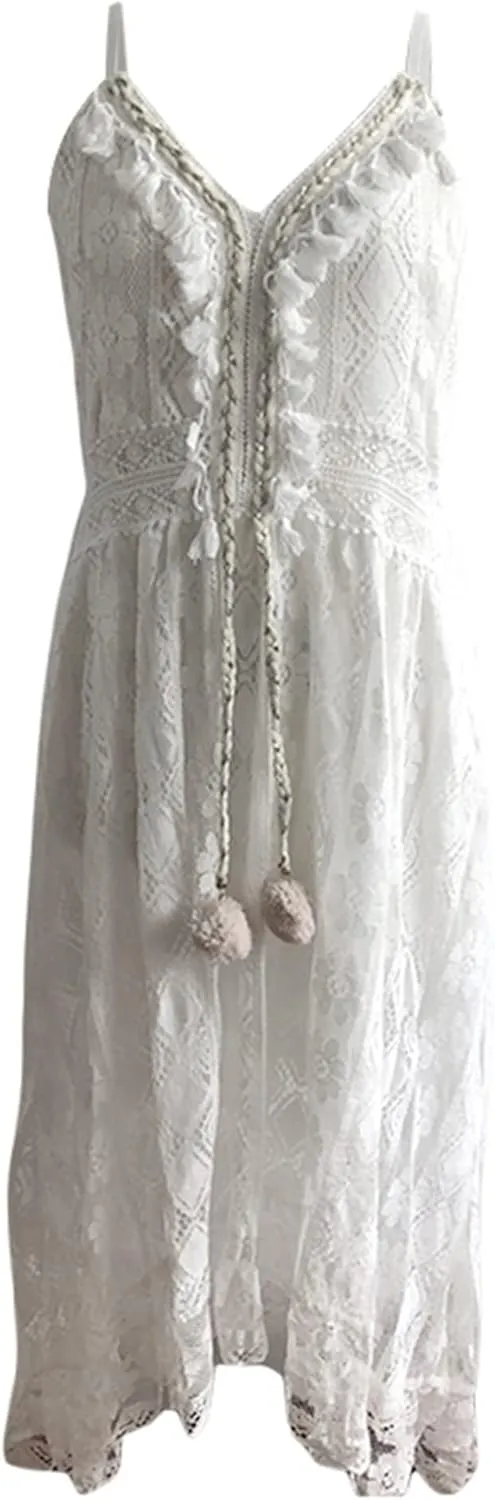Women's Summer Lace Floral Dress V Neck Spaghetti Strap Sleeveless Bohemian Beach Casual Maxi Long Dress Sundress