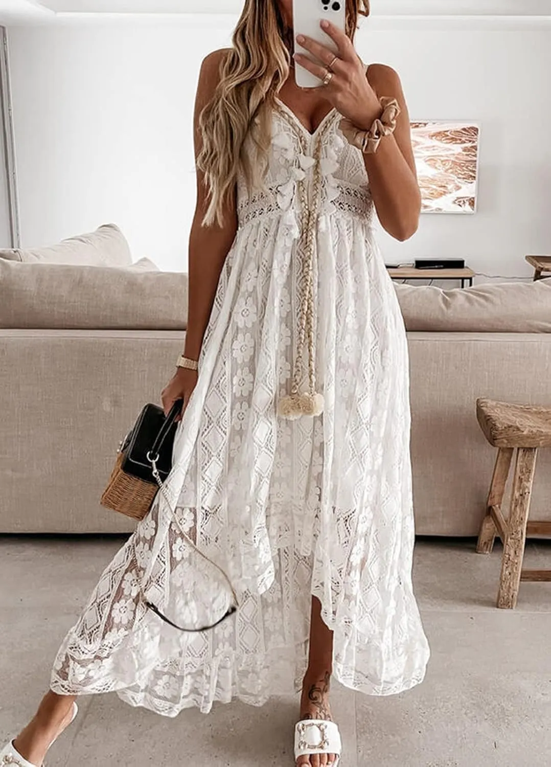 Women's Summer Lace Floral Dress V Neck Spaghetti Strap Sleeveless Bohemian Beach Casual Maxi Long Dress Sundress