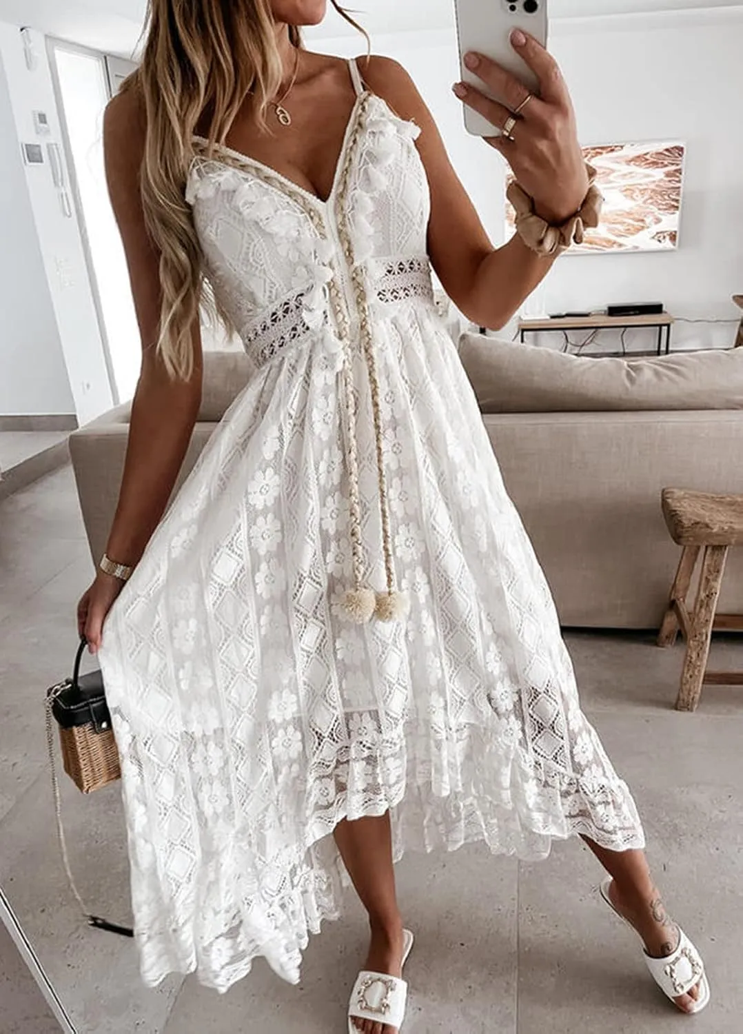 Women's Summer Lace Floral Dress V Neck Spaghetti Strap Sleeveless Bohemian Beach Casual Maxi Long Dress Sundress