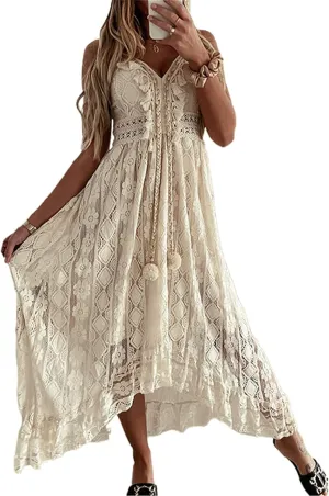 Women's Summer Lace Floral Dress V Neck Spaghetti Strap Sleeveless Bohemian Beach Casual Maxi Long Dress Sundress