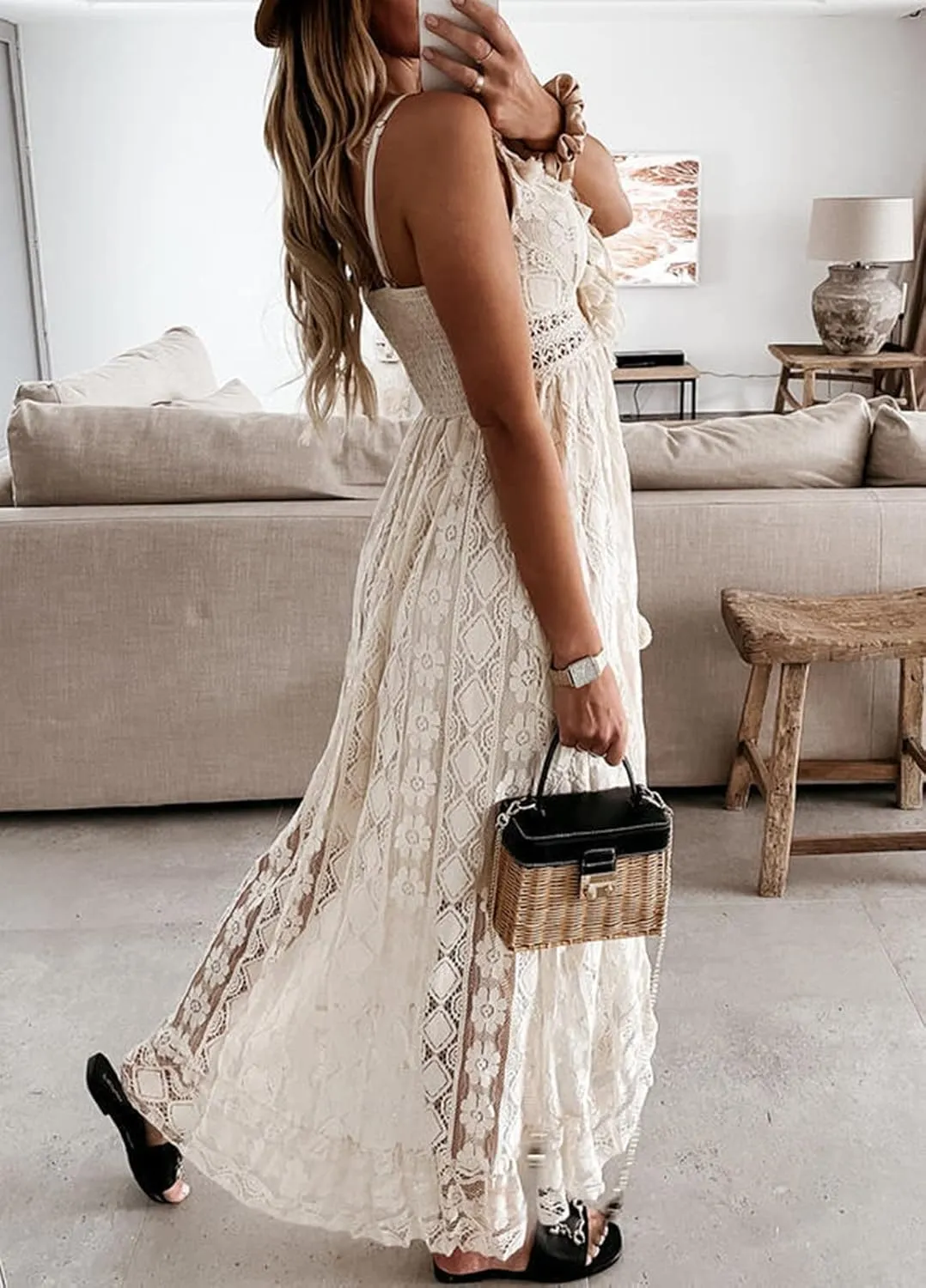 Women's Summer Lace Floral Dress V Neck Spaghetti Strap Sleeveless Bohemian Beach Casual Maxi Long Dress Sundress