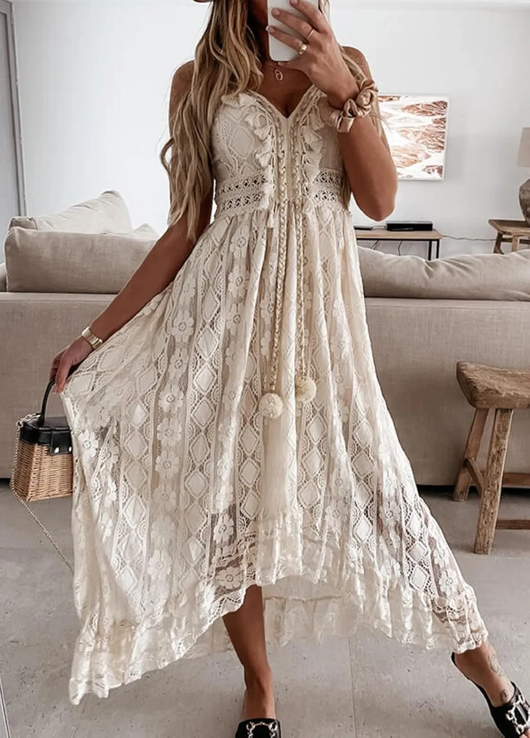 Women's Summer Lace Floral Dress V Neck Spaghetti Strap Sleeveless Bohemian Beach Casual Maxi Long Dress Sundress