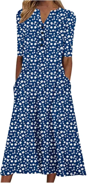 Womens Summer Short Sleeve Wrap V Neck Mini Sundress Button Down Boho Floral Long Dress Basic Casual Dresses 2025