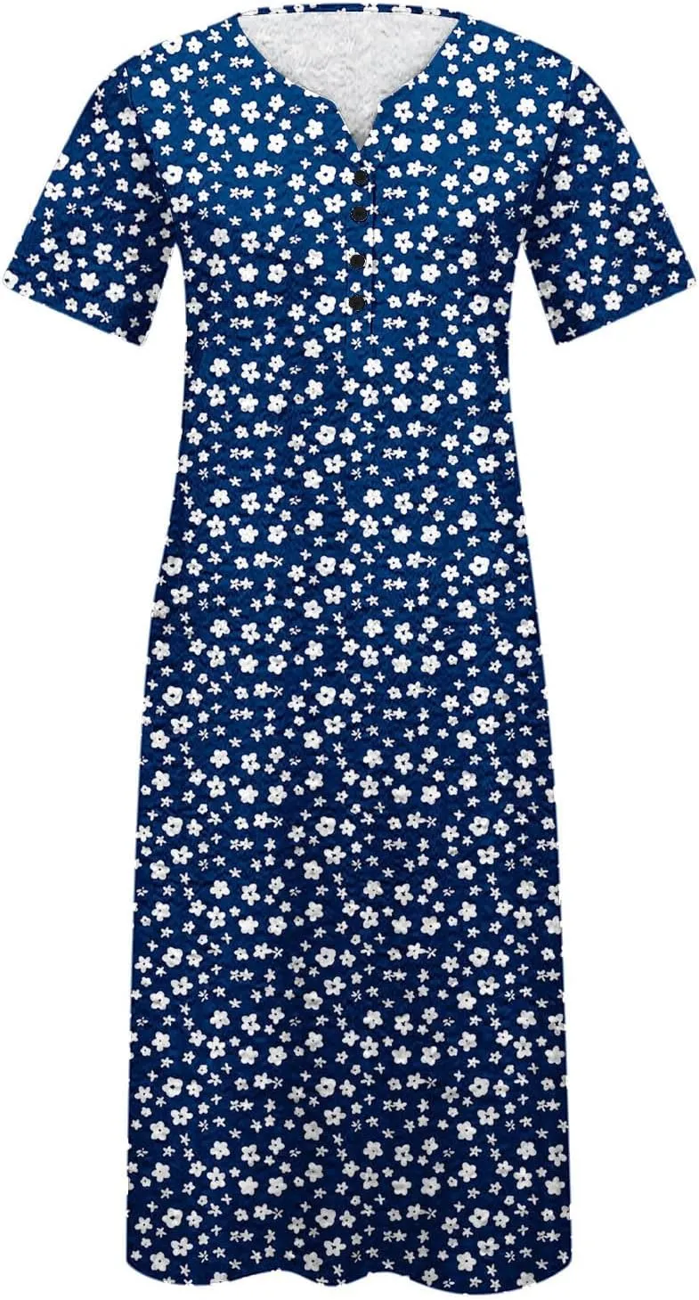 Womens Summer Short Sleeve Wrap V Neck Mini Sundress Button Down Boho Floral Long Dress Basic Casual Dresses 2025
