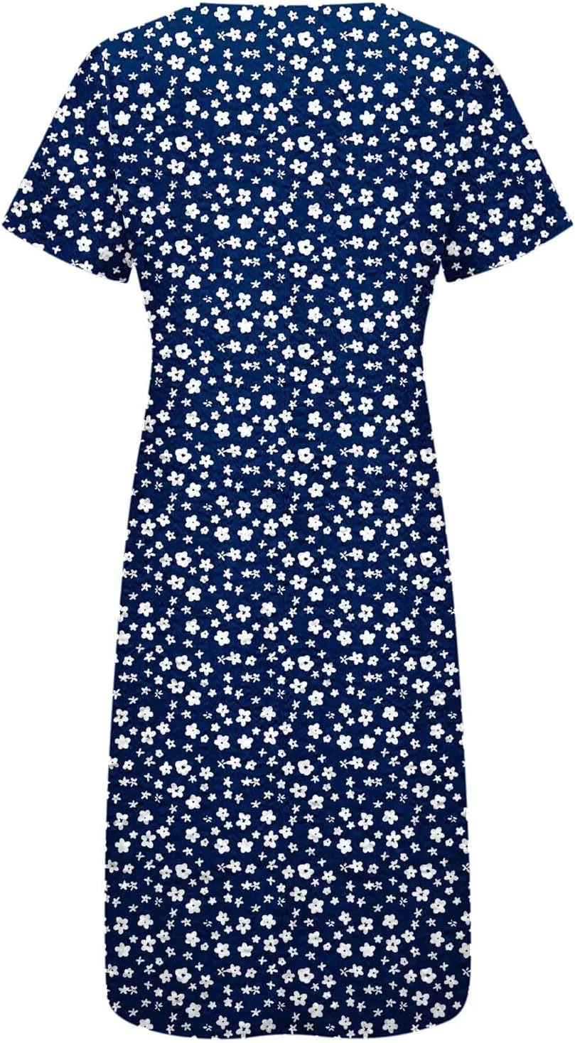 Womens Summer Short Sleeve Wrap V Neck Mini Sundress Button Down Boho Floral Long Dress Basic Casual Dresses 2025