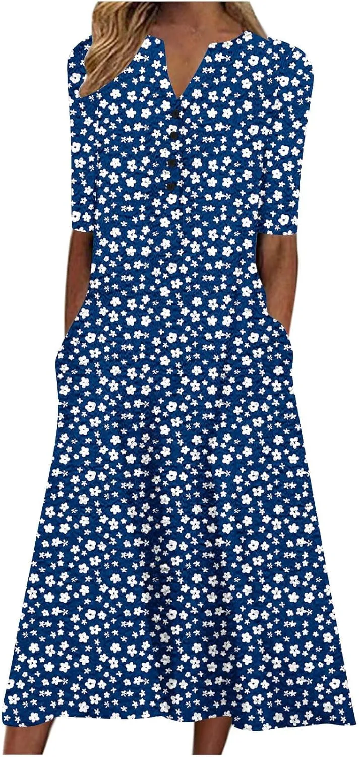 Womens Summer Short Sleeve Wrap V Neck Mini Sundress Button Down Boho Floral Long Dress Basic Casual Dresses 2025
