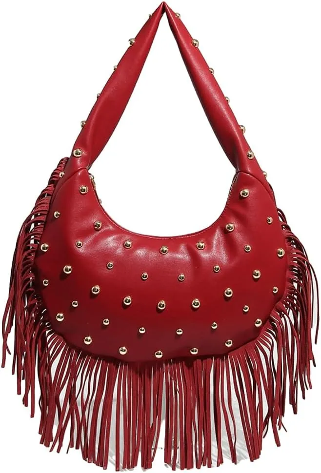 Womens Trendy Dumpling Shoulder Purse Soft Vegan Leather Tote Bag Large Y2k Rivet Handbag Satchels with Tassel