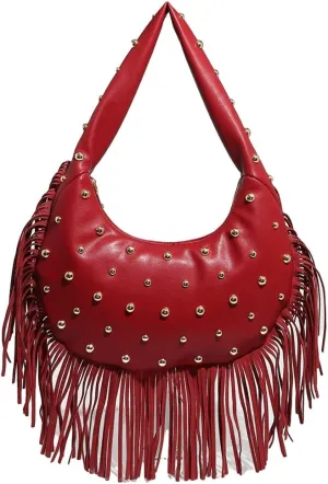 Womens Trendy Dumpling Shoulder Purse Soft Vegan Leather Tote Bag Large Y2k Rivet Handbag Satchels with Tassel