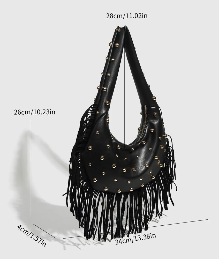 Womens Trendy Dumpling Shoulder Purse Soft Vegan Leather Tote Bag Large Y2k Rivet Handbag Satchels with Tassel