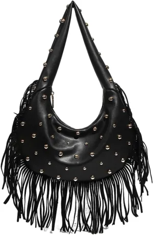 Womens Trendy Dumpling Shoulder Purse Soft Vegan Leather Tote Bag Large Y2k Rivet Handbag Satchels with Tassel