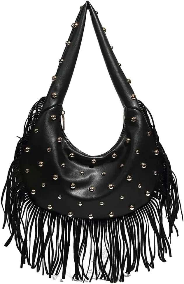Womens Trendy Dumpling Shoulder Purse Soft Vegan Leather Tote Bag Large Y2k Rivet Handbag Satchels with Tassel