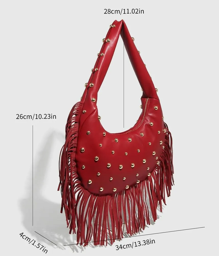 Womens Trendy Dumpling Shoulder Purse Soft Vegan Leather Tote Bag Large Y2k Rivet Handbag Satchels with Tassel