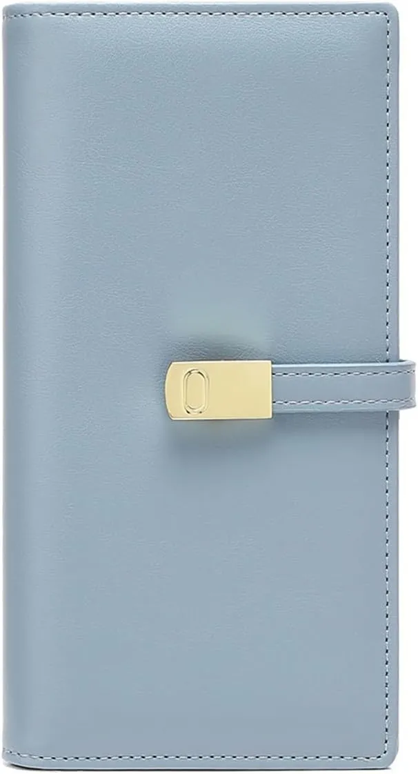 Women's Ultra-Thin Bi-Fold RFID Blocking Long Wallet  Slim Portable Clutch Purse  12 Card Slots & ID Window (Blue)
