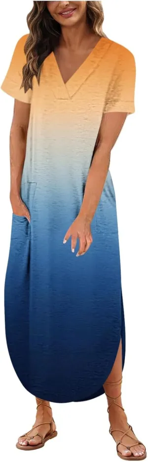 Womens Vintage Boho Sundress Casual V-Neck Short Sleeve Spring Summer Dresses Floral Printed Fashion Midi Dress