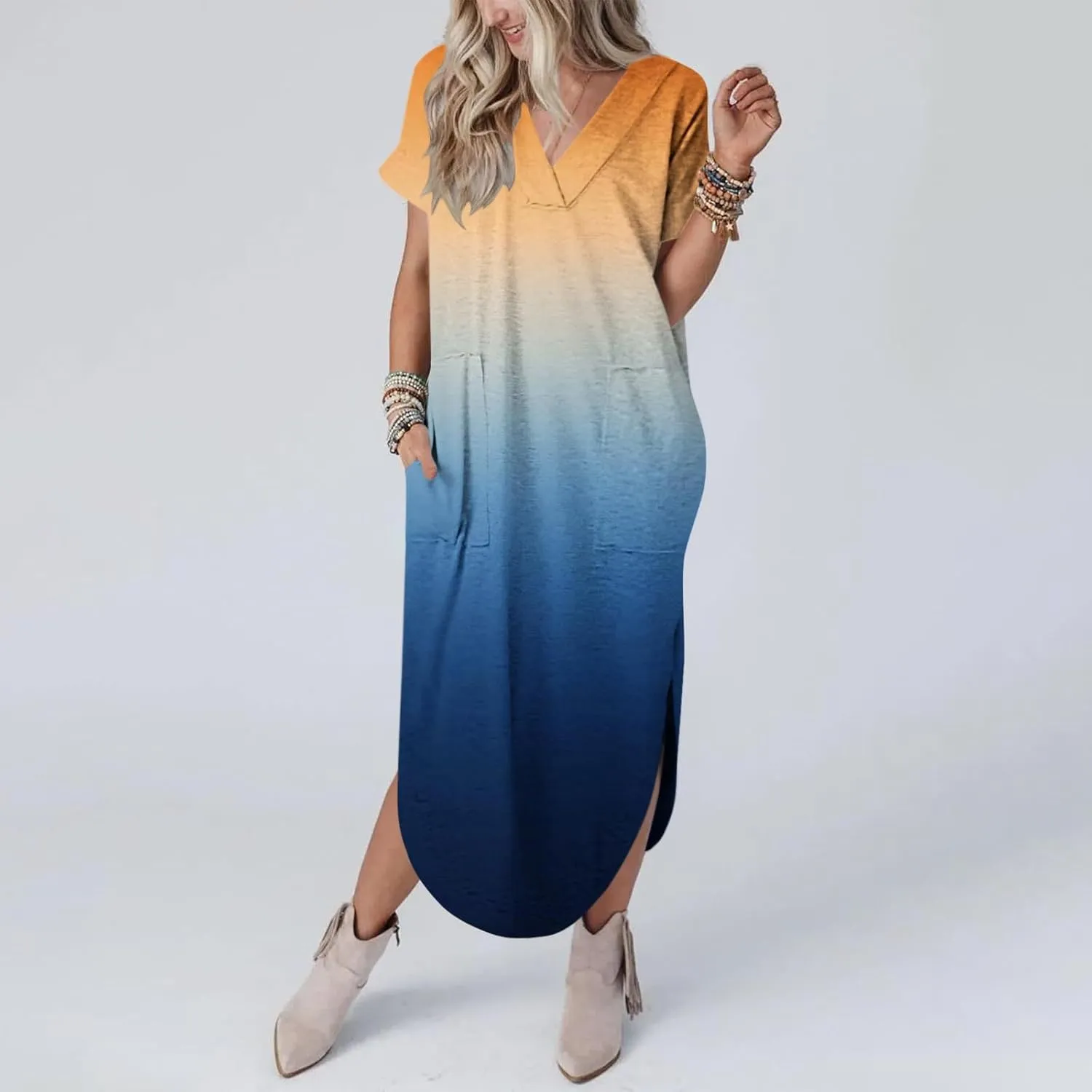 Womens Vintage Boho Sundress Casual V-Neck Short Sleeve Spring Summer Dresses Floral Printed Fashion Midi Dress