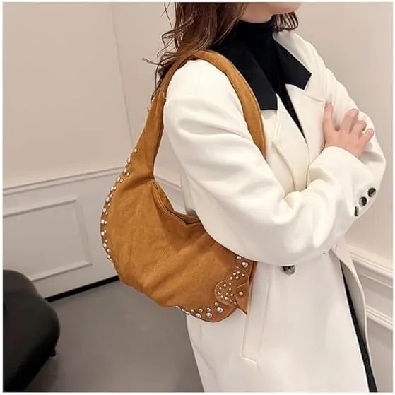 Y2K Studded Suede Hobo Shoulder Bag Burgundy Vintage 2000s Style Vegan Leather Handbag for Fall