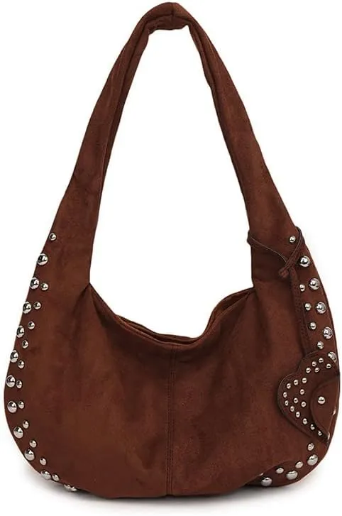 Y2K Studded Suede Hobo Shoulder Bag Burgundy Vintage 2000s Style Vegan Leather Handbag for Fall